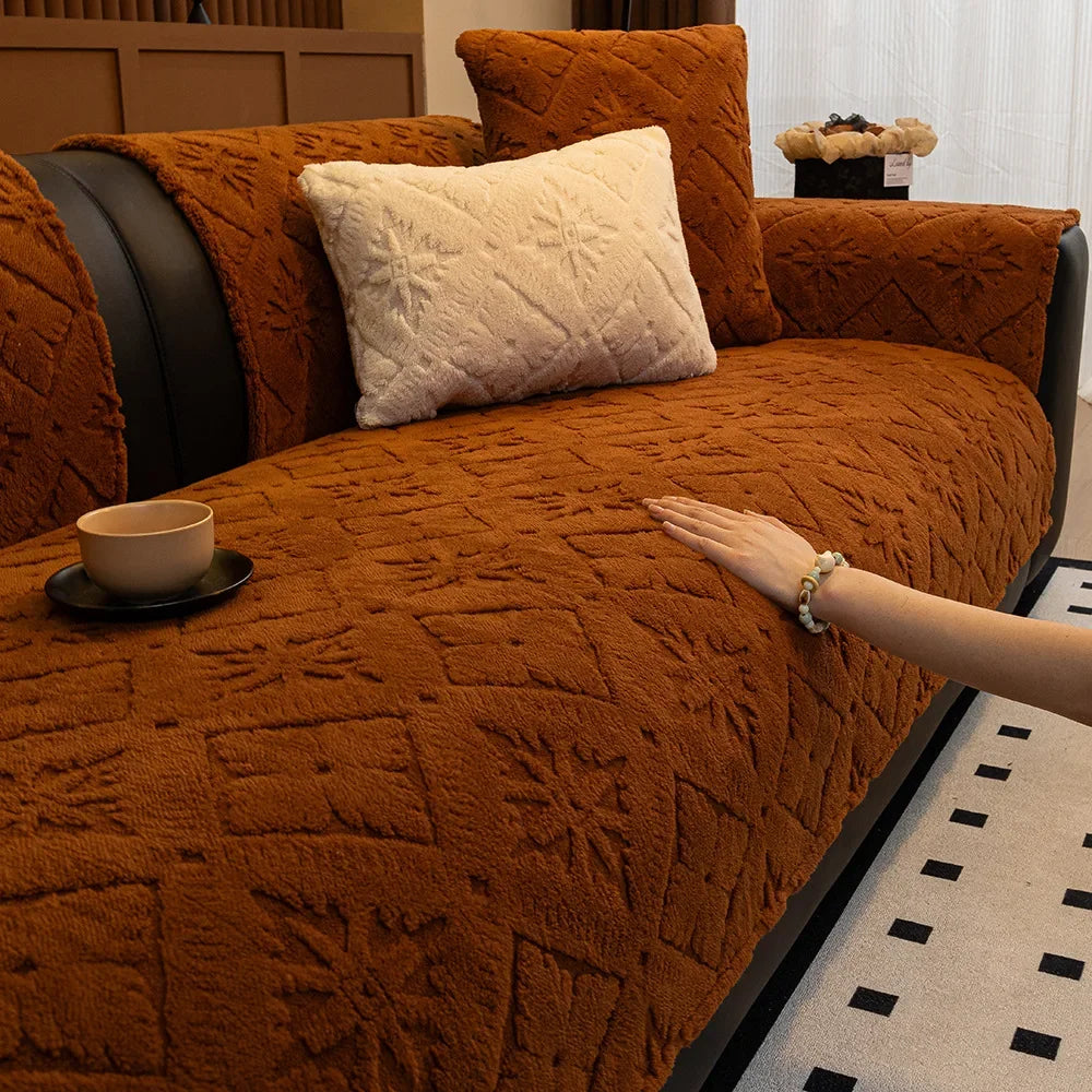 Chunky Knit Winter Sofa Cover in Warm Tones
